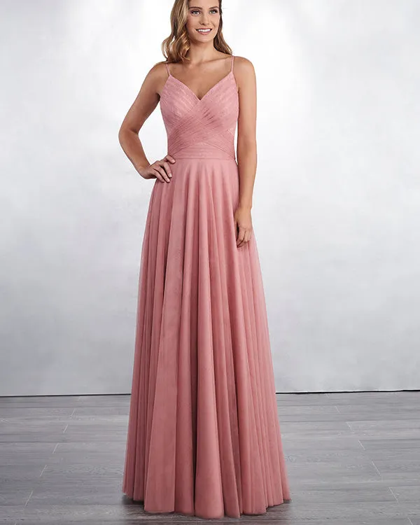 Sexy Soft Dirty Pink Tulle Lace Bridesmaid Dress V-Neck A-line Party Gowns Floor Length