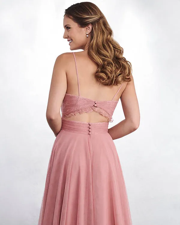 Sexy Soft Dirty Pink Tulle Lace Bridesmaid Dress V-Neck A-line Party Gowns Floor Length