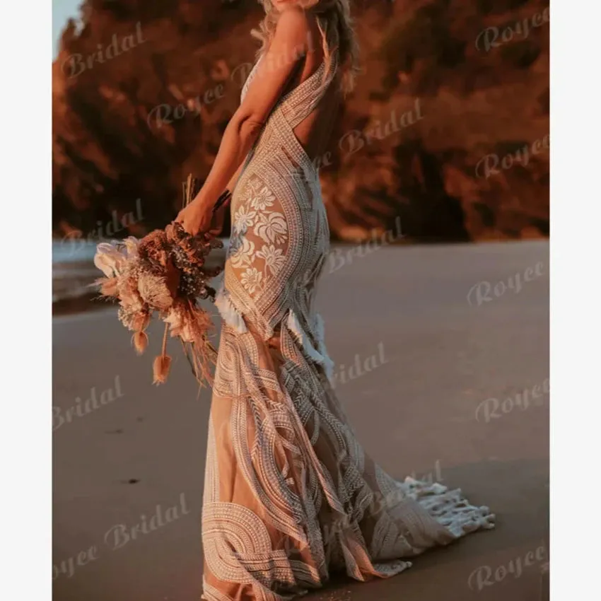Sexy Tassel Lace Backless Mermaid Boho Wedding Dress