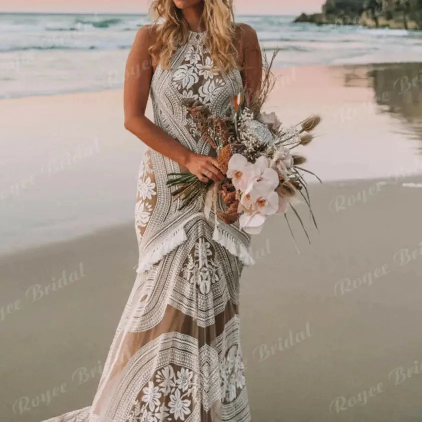 Sexy Tassel Lace Backless Mermaid Boho Wedding Dress