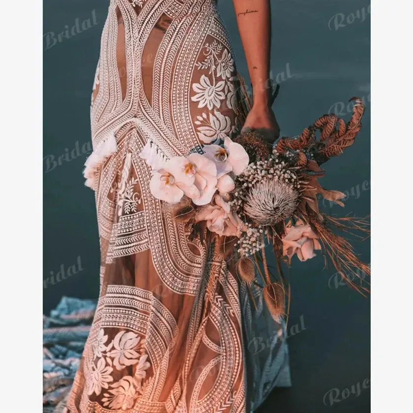 Sexy Tassel Lace Backless Mermaid Boho Wedding Dress