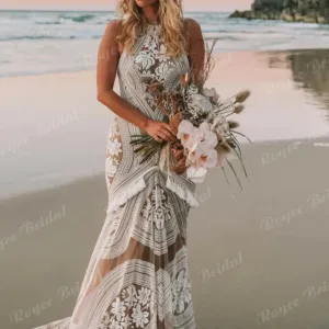 Sexy Tassel Lace Backless Mermaid Boho Wedding Dress