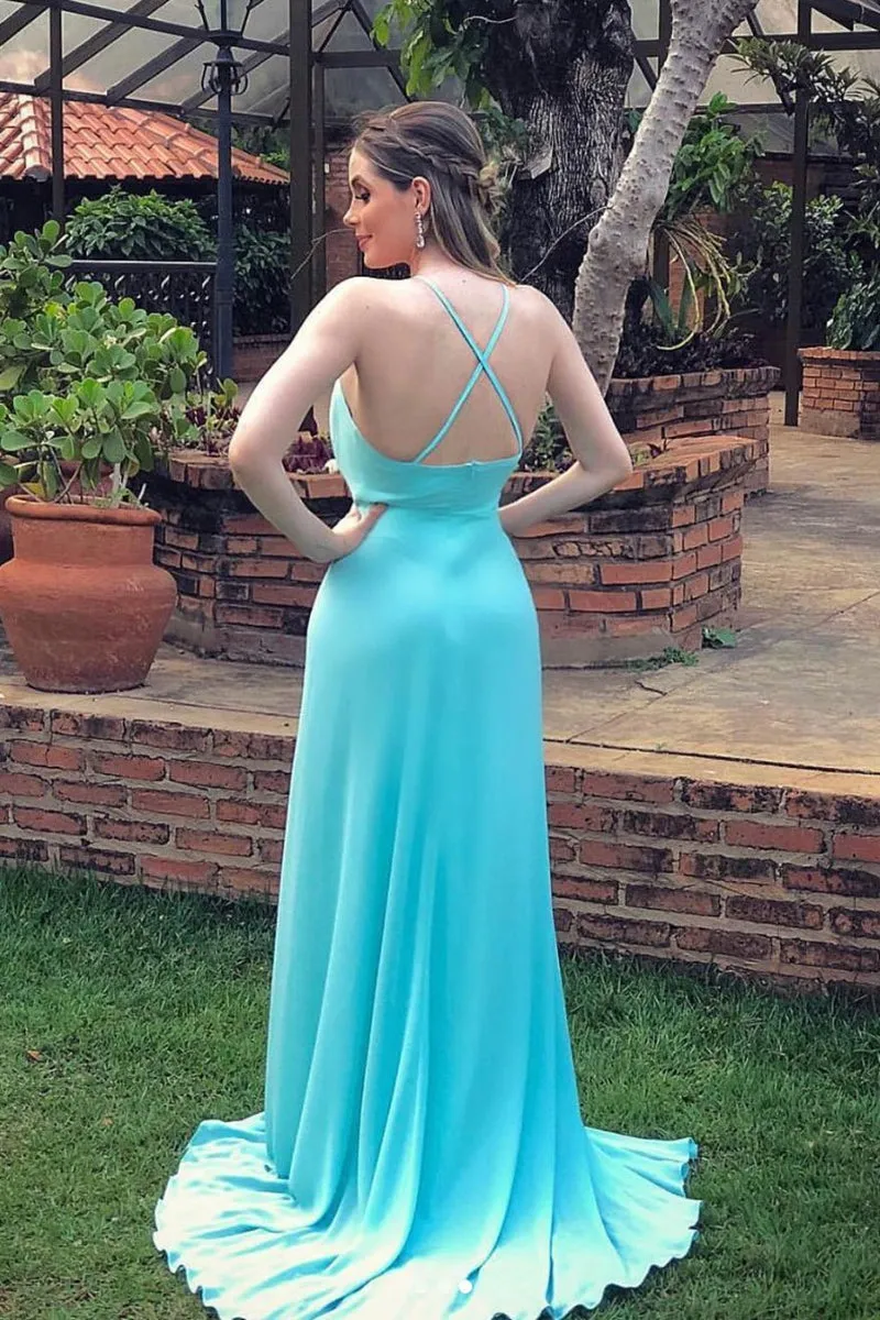 Sexy V Neck Backless Blue Long Prom Dress with High Slit, V Neck Blue Formal Graduation Evening Dress