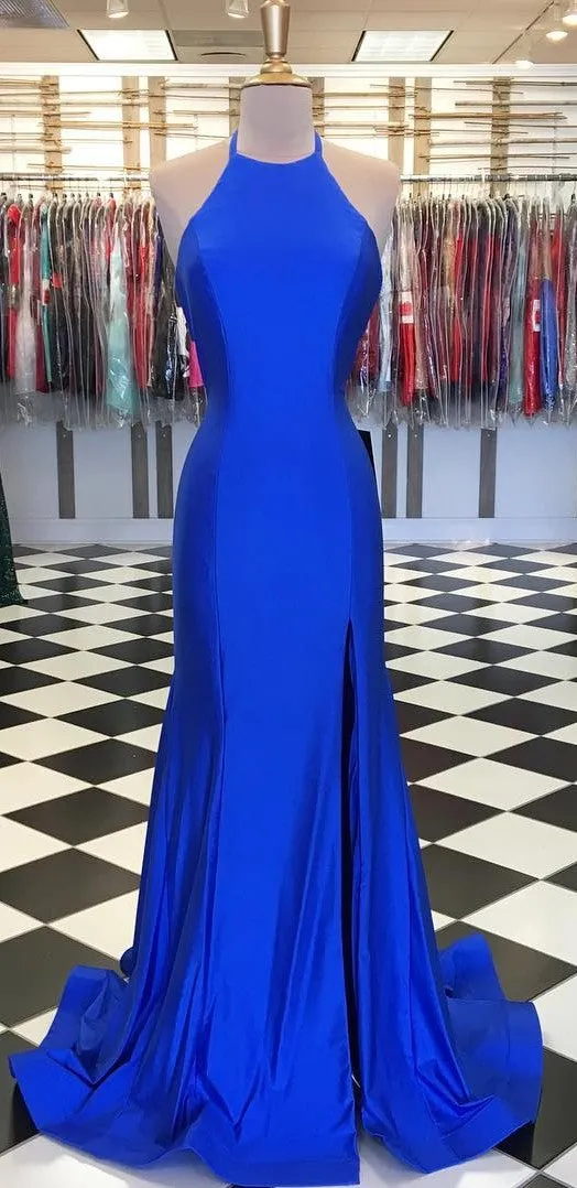 Sheath Halter Neckline Split Royal Blue Prom Dress