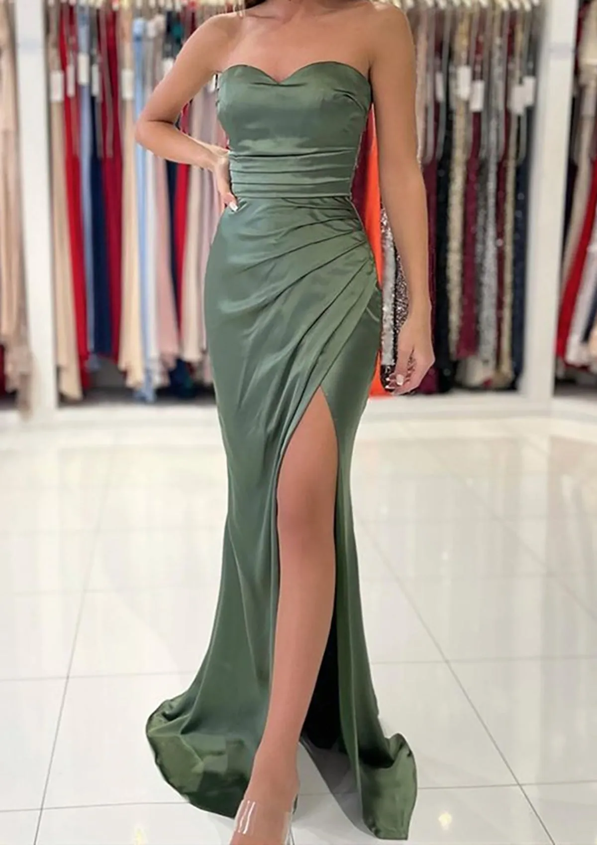 Sheath Sweetheart Strapless Charmeuse Floor-Length Prom Dress, Pleated Split