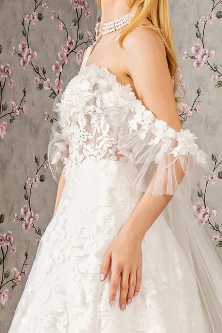 Sheer Bodice Sweetheart Mesh Ball Gown w/ Long Back Drape