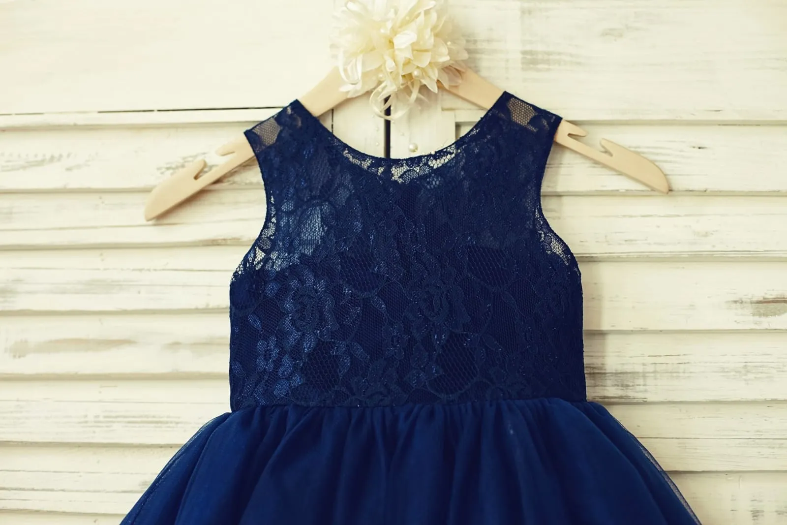 Sheer Neck Navy Blue/Blush/Champagne Lace Tulle Flower Girl Dress