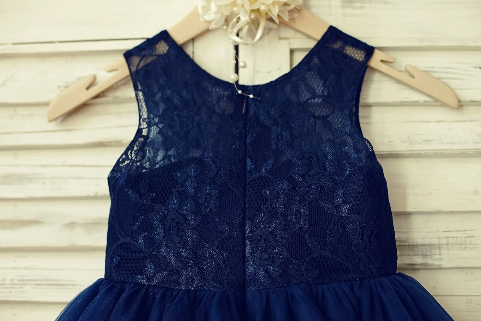 Sheer Neck Navy Blue/Blush/Champagne Lace Tulle Flower Girl Dress