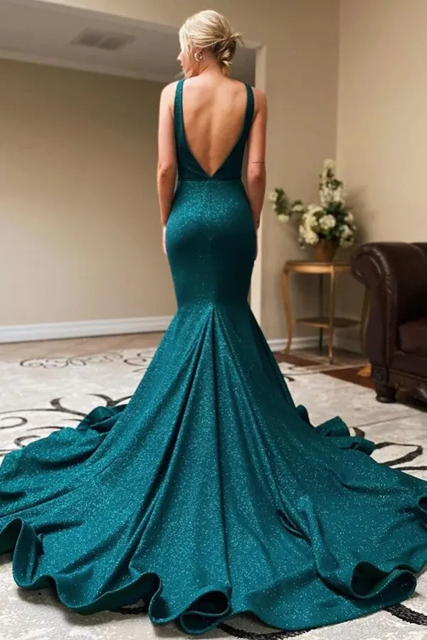 Shiny Green Mermaid V-neck Prom Dresses With Slit, Evening Gowns, MP812
