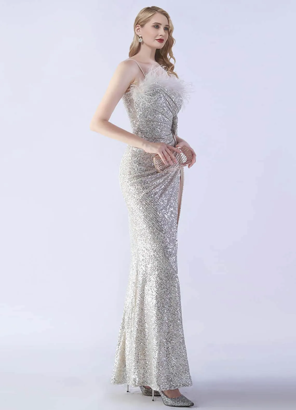 Silver Luxury Feather Spaghetti Straps Sequin Maxi Formal Gown