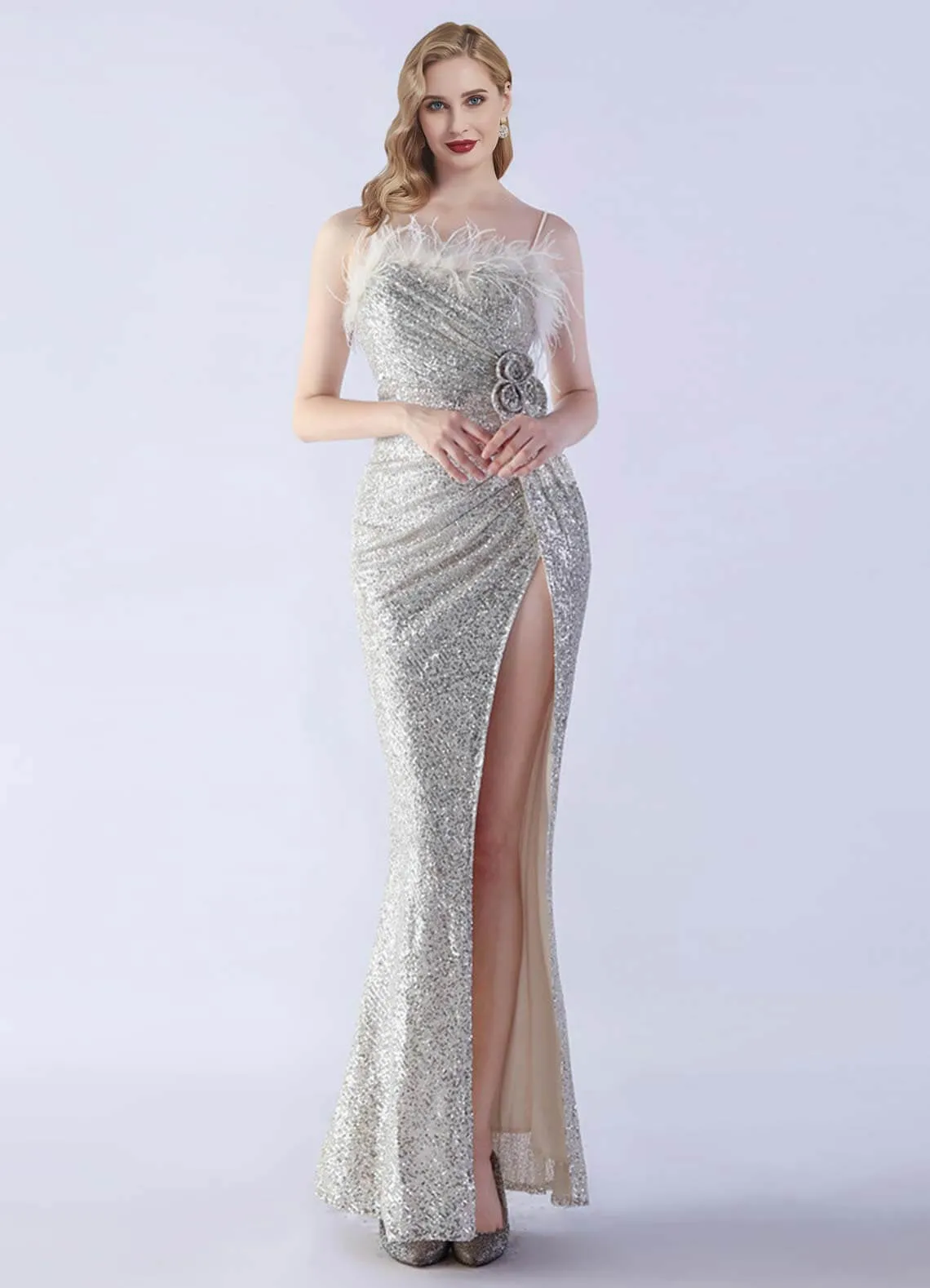 Silver Luxury Feather Spaghetti Straps Sequin Maxi Formal Gown