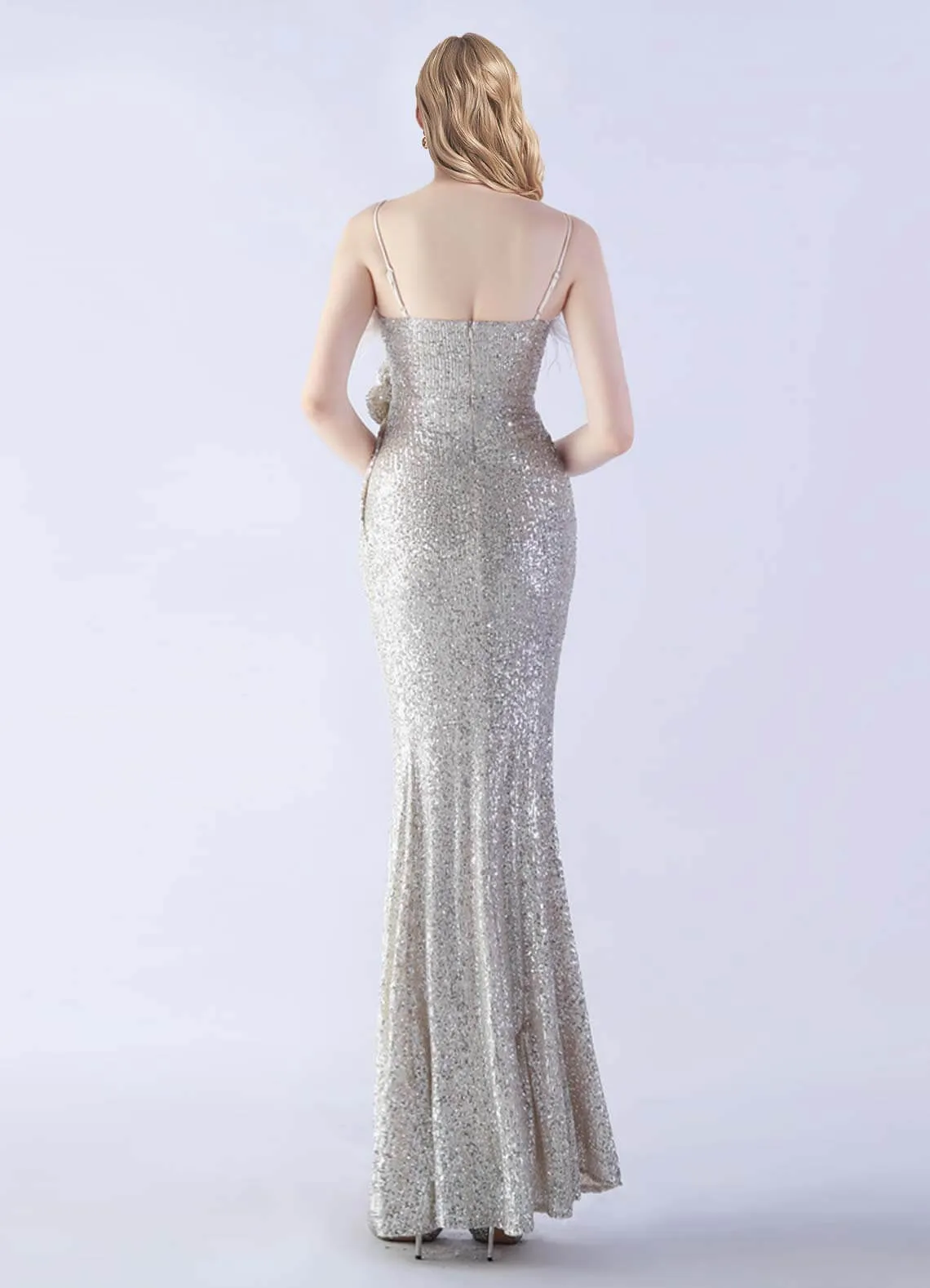 Silver Luxury Feather Spaghetti Straps Sequin Maxi Formal Gown