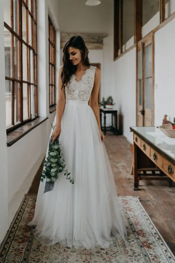 Simple A-ine V-neck Open Back Tulle & Lace Wedding Dresses,Beach Wedding Dresses,MW400