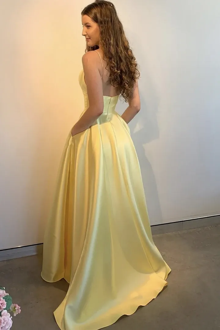 Simple A Line V Neck Blue Satin Long Prom Dresses, A Line V Neck Yellow Satin Long Formal Evening Dresses