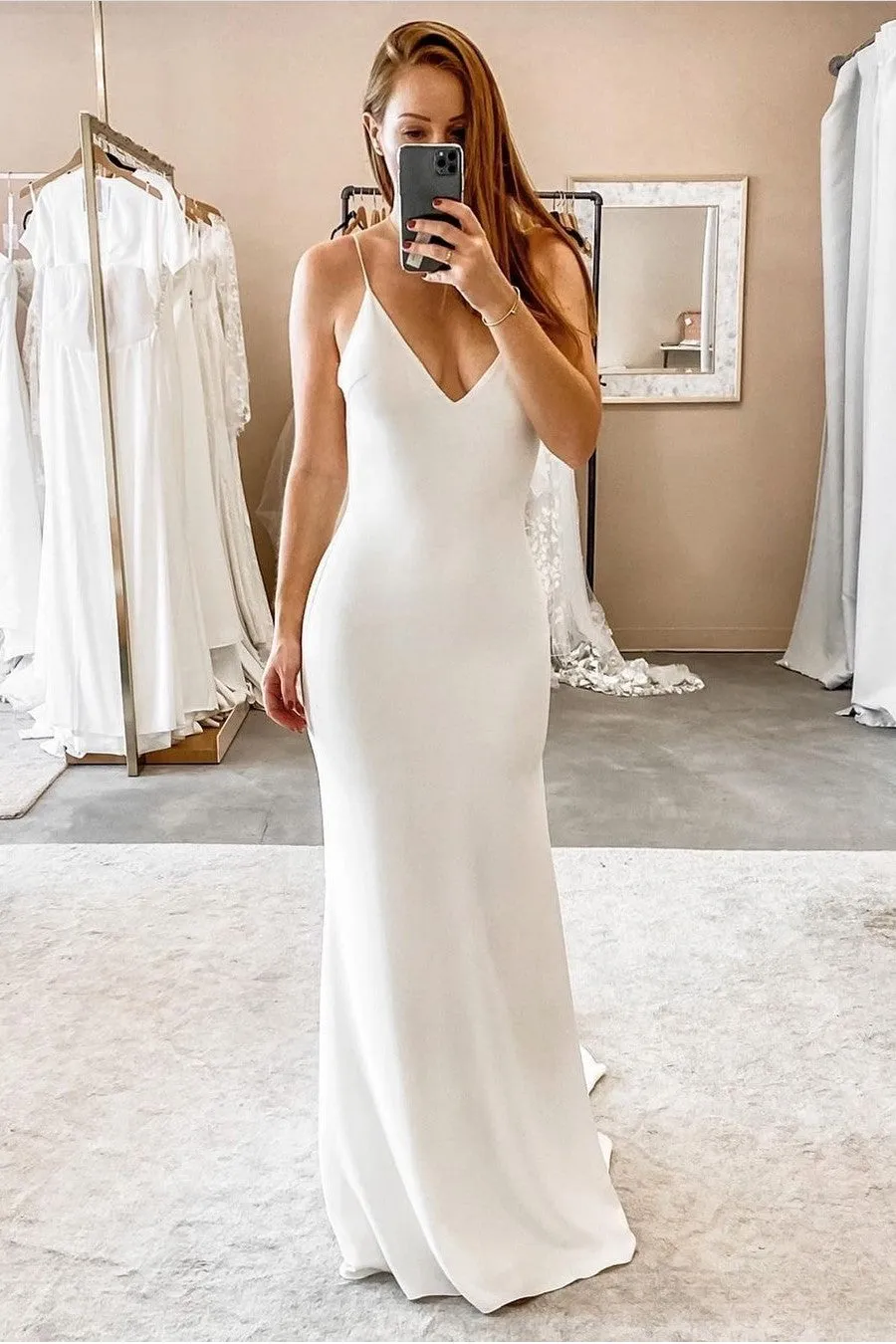 Simple Open Back Bridal Dresses with Thin Straps