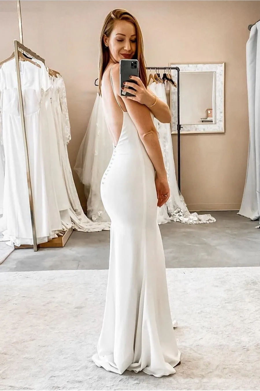 Simple Open Back Bridal Dresses with Thin Straps