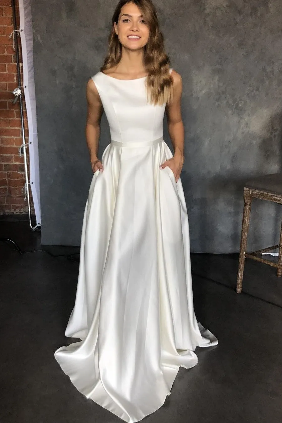Simple Satin Wedding Gown with Boat Neck