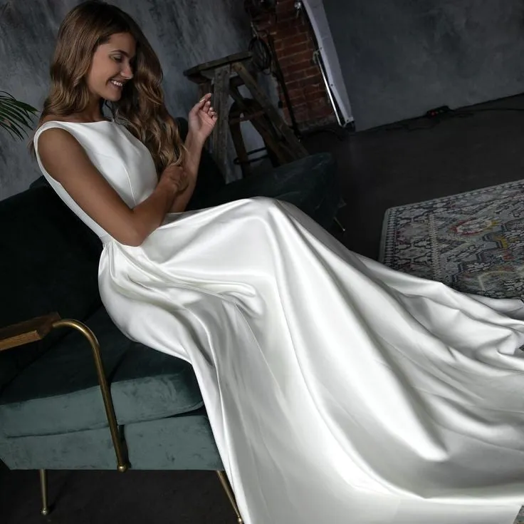 Simple Satin Wedding Gown with Boat Neck