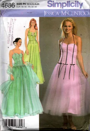 Simplicity 4686 JESSICA McCLINTOCK Womens Ruched Bodice Prom Wedding Evening Dress Out Of Print Sewing Pattern Size 12 - 20 UNCUT Factory Folded