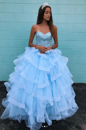 Sky-blue Layers Quinceanera Dresses with Crystals Sweetheart Corset