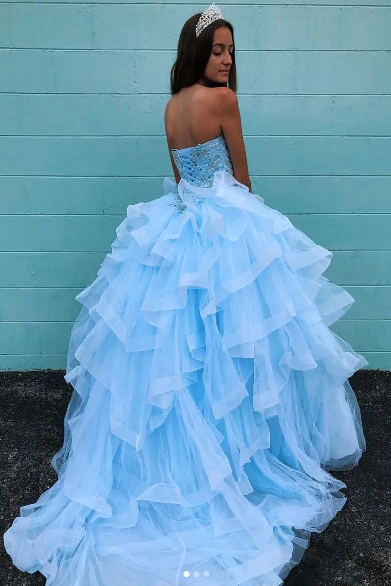Sky-blue Layers Quinceanera Dresses with Crystals Sweetheart Corset