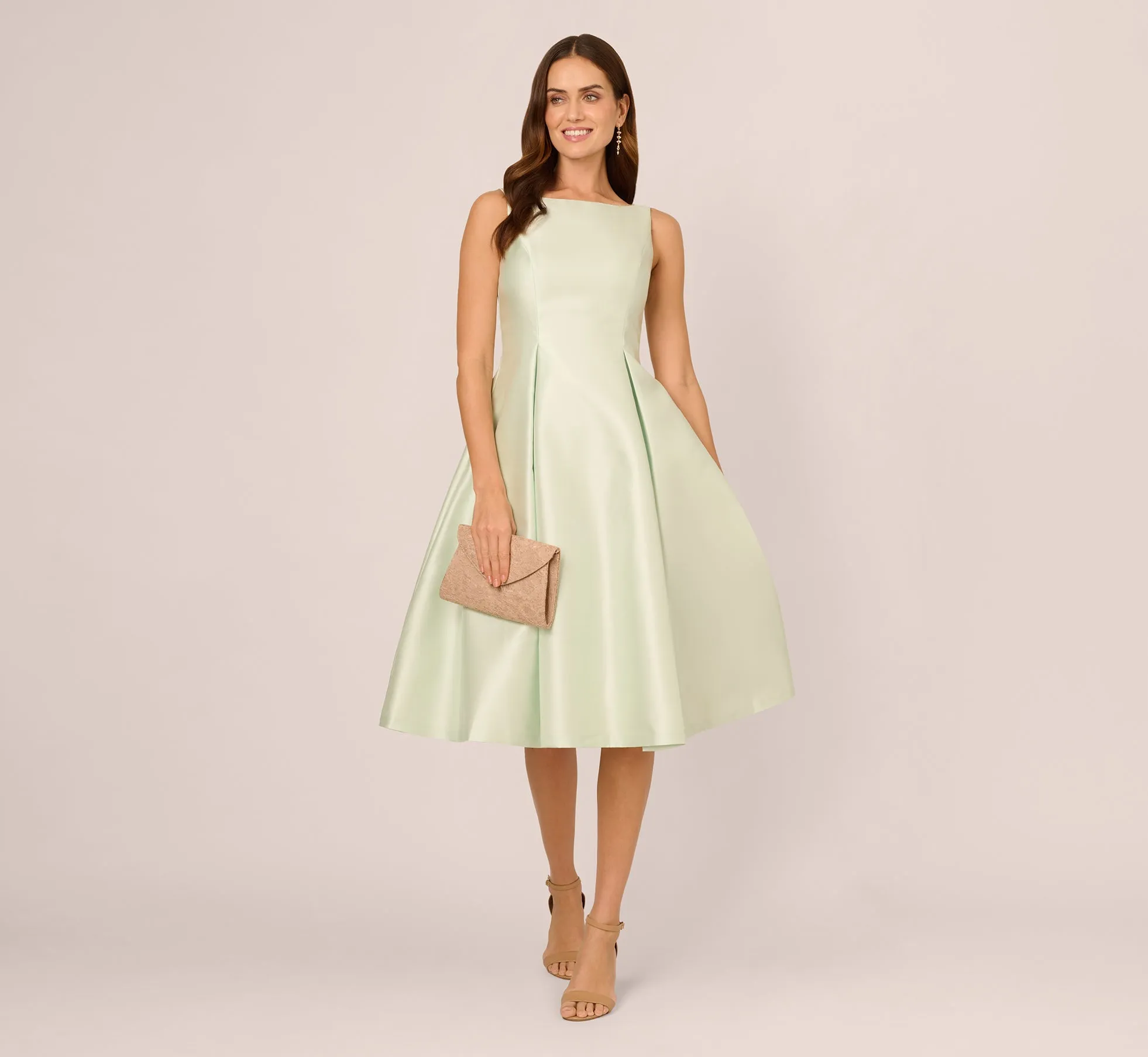 Sleeveless Mikado Fit And Flare Midi Dress With V-Back In Aloe Mist
