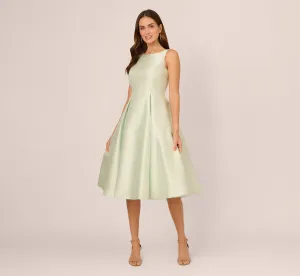 Sleeveless Mikado Fit And Flare Midi Dress With V-Back In Aloe Mist