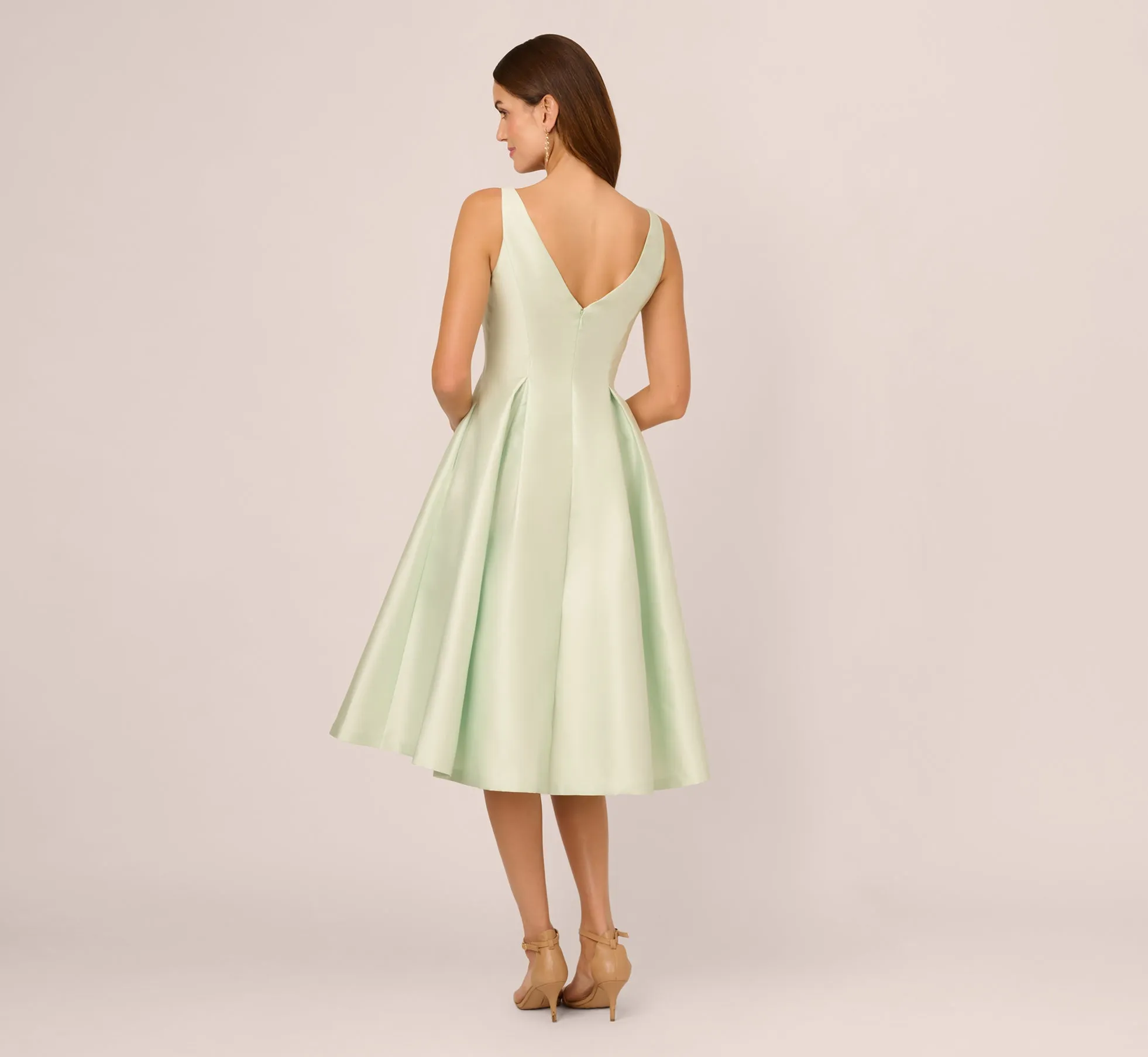 Sleeveless Mikado Fit And Flare Midi Dress With V-Back In Aloe Mist