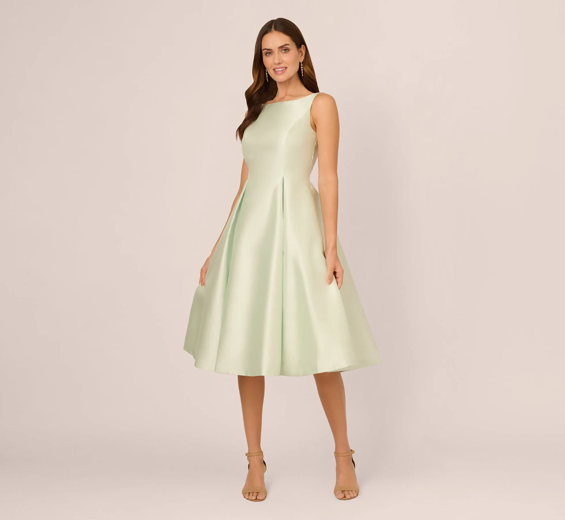 Sleeveless Mikado Fit And Flare Midi Dress With V-Back In Aloe Mist