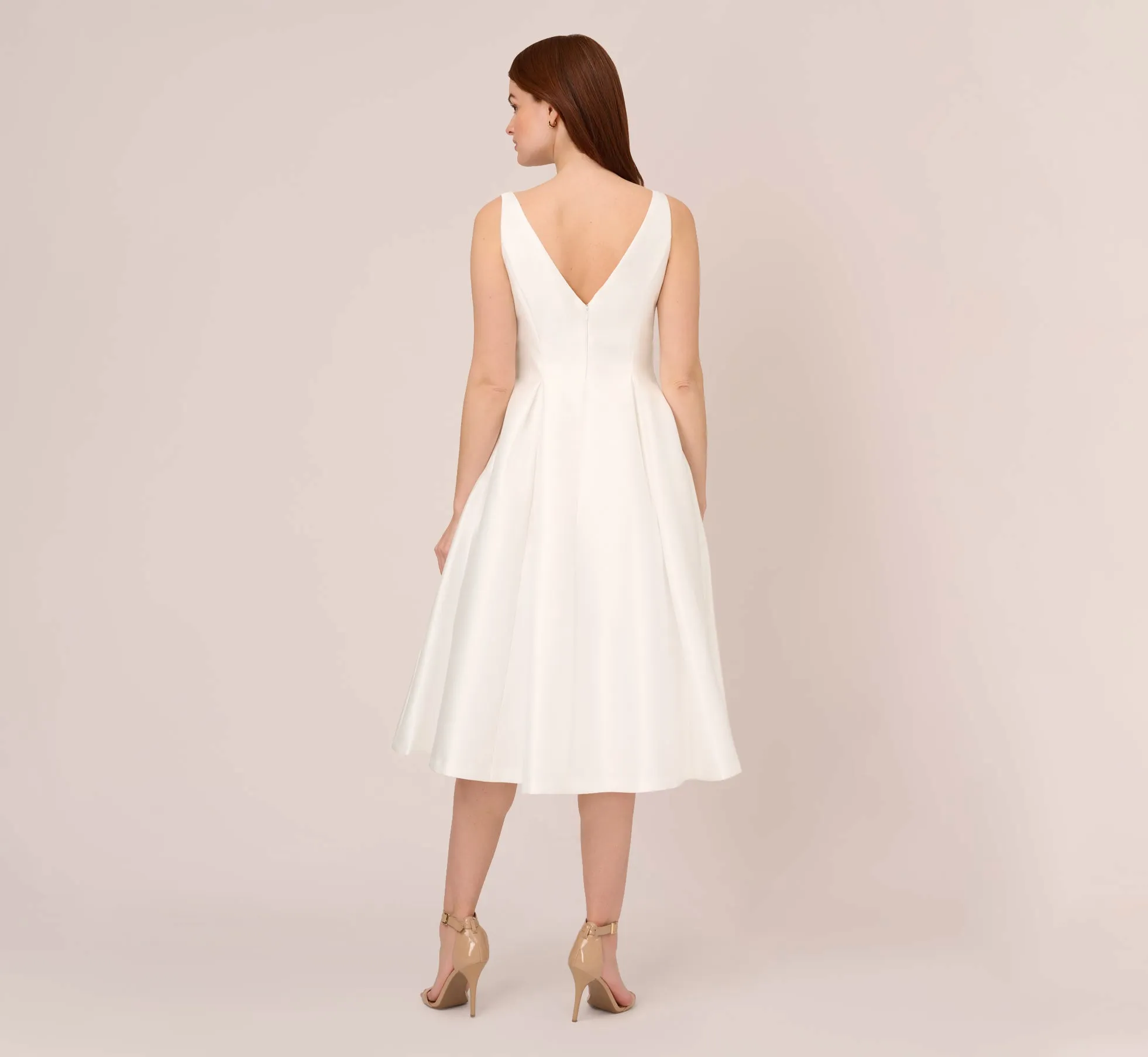 Sleeveless Mikado Fit And Flare Midi Dress With V-Back In Ivory