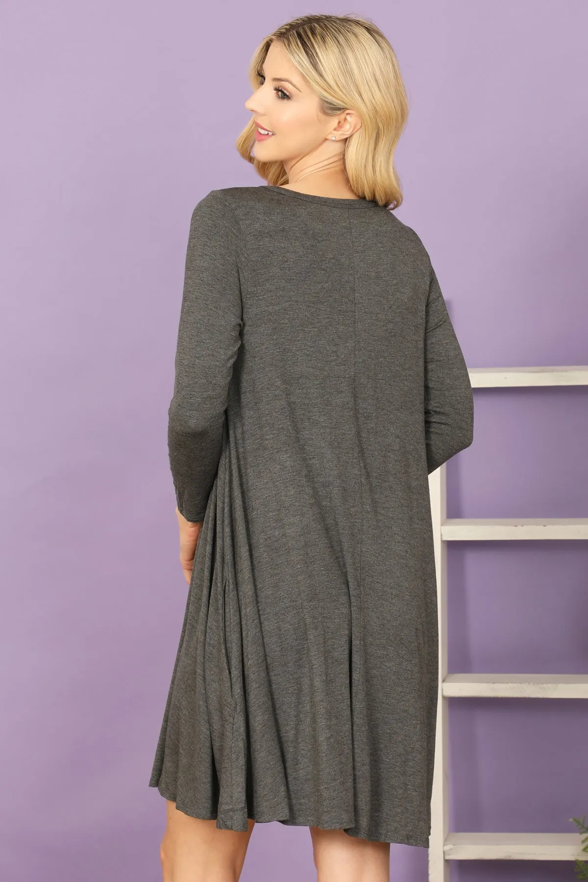 Solid Boat Neck Quarter Sleeve Side Pocket Dress