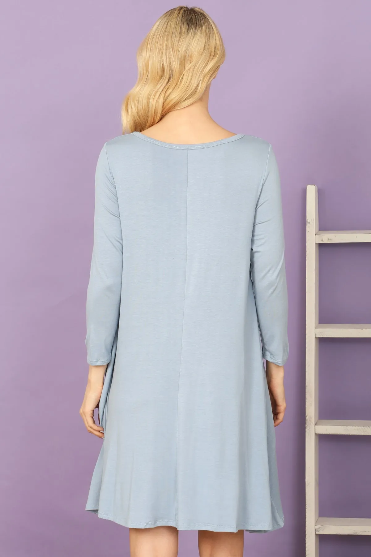 Solid Boat Neck Quarter Sleeve Side Pocket Dress