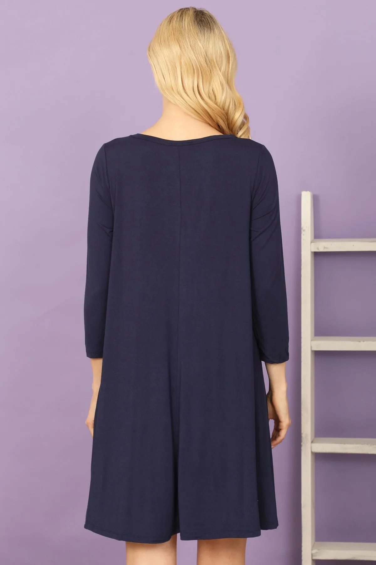 Solid Boat Neck Quarter Sleeve Side Pocket Dress