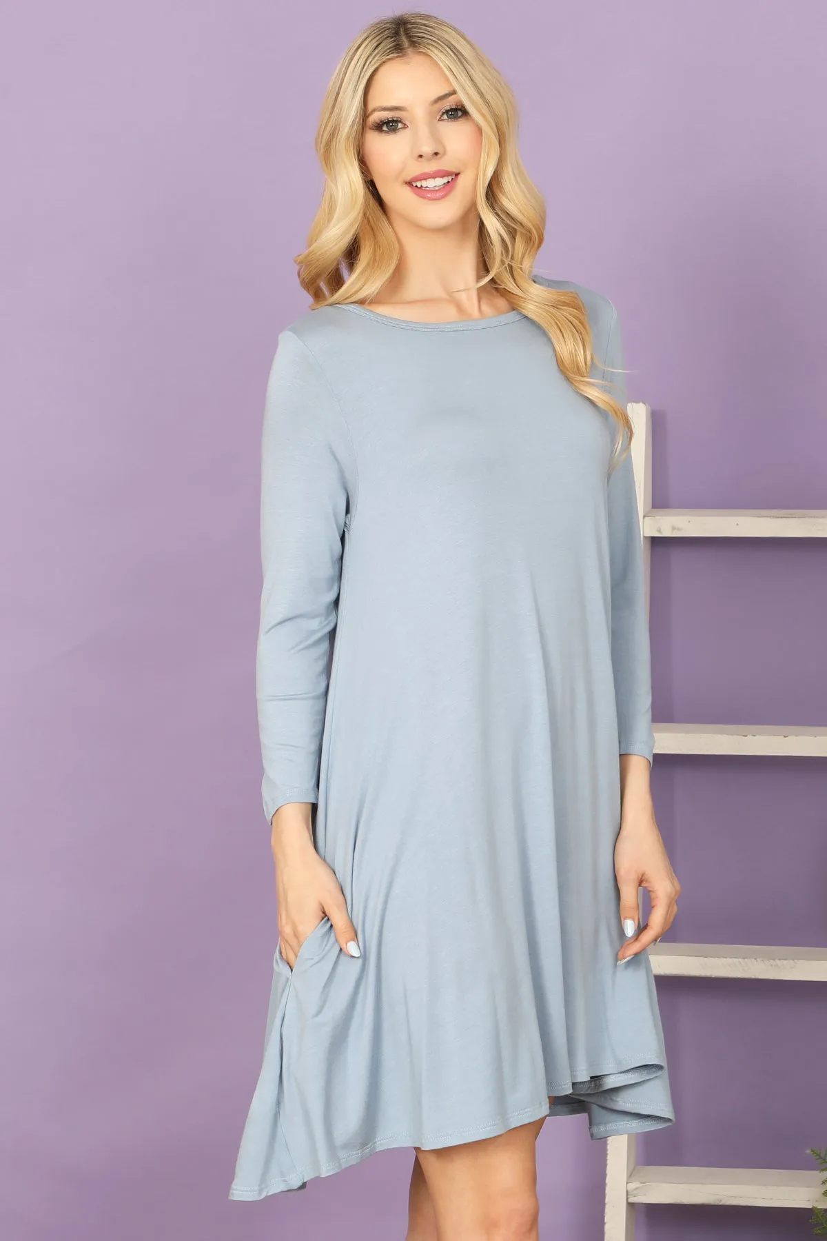 Solid Boat Neck Quarter Sleeve Side Pocket Dress