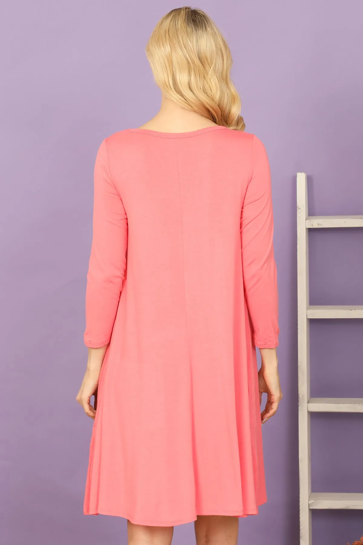 Solid Boat Neck Quarter Sleeve Side Pocket Dress