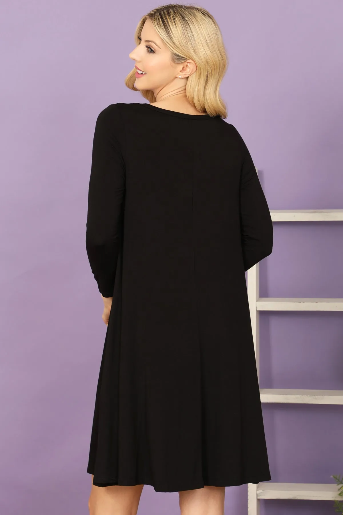 Solid Boat Neck Quarter Sleeve Side Pocket Dress