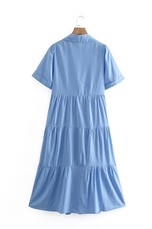 SOLID BUTTON DOWN COLLARED LONG DRESS