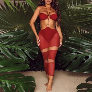 Solid Halter Cut Out Sheer Mesh Midi Dress