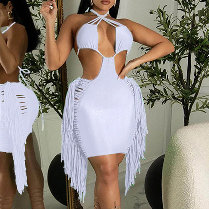 Solid Halter Sleeveless Cut Out Tassel Design Mini Dress
