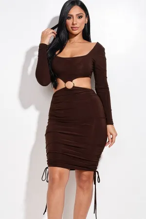 Solid Long Sleeve Ruched Short Dress With O Ring
