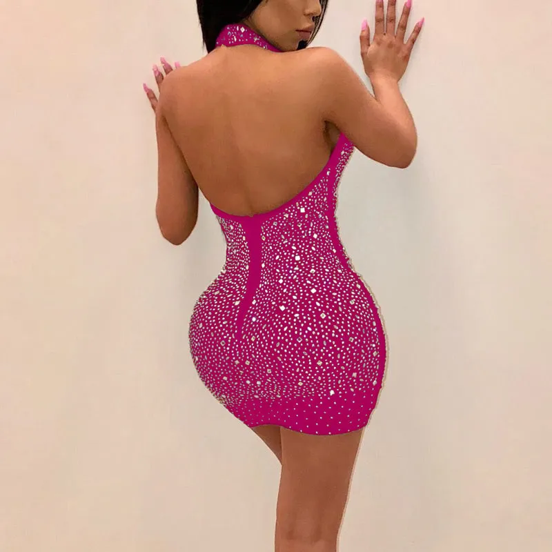 Solid Rhinestone Halter Backless Bodycon Dress