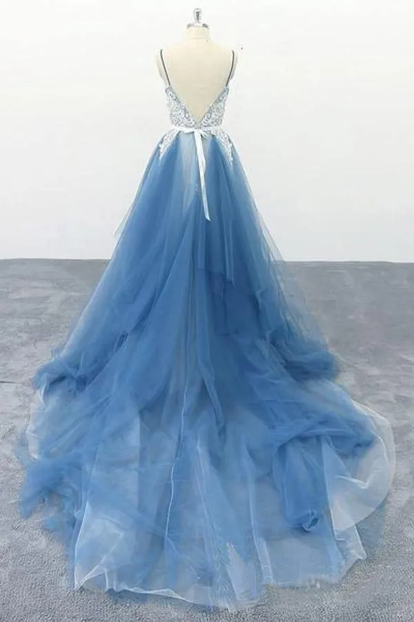Spaghetti Straps A Line Ivory Appliqued Blue Tulle Prom Dresses TP0901