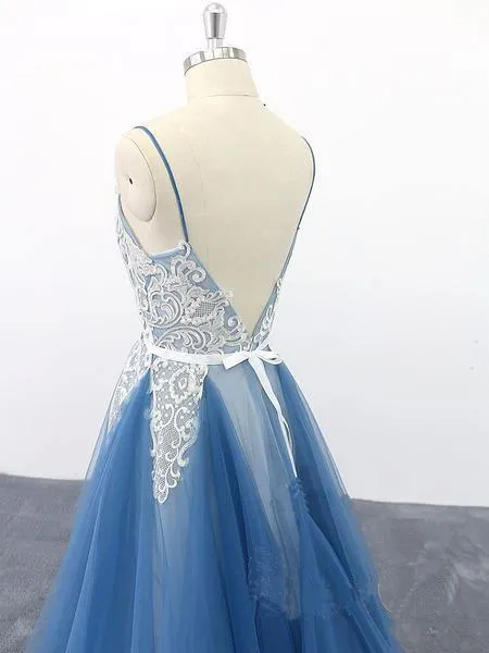 Spaghetti Straps A Line Ivory Appliqued Blue Tulle Prom Dresses TP0901