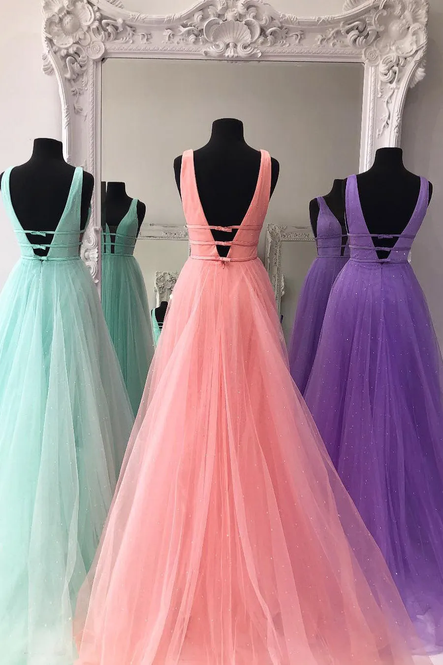 Sparkly A Line V Neck and V Back Mint Green/Lilac/Coral Prom Dresses with Thin Belt, Mint Green/Lilac/Coral Formal Graduation Evening Dresses
