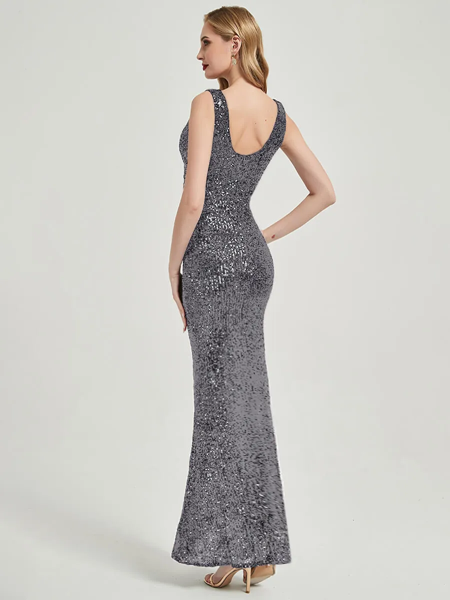 Steel Grey Sequin Sleeveless Sheer V-Neck Maxi Mermaid Formal Gown