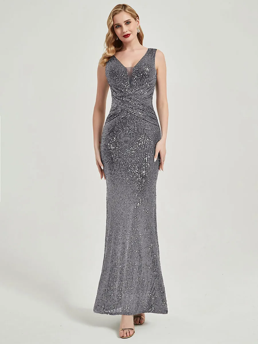 Steel Grey Sequin Sleeveless Sheer V-Neck Maxi Mermaid Formal Gown
