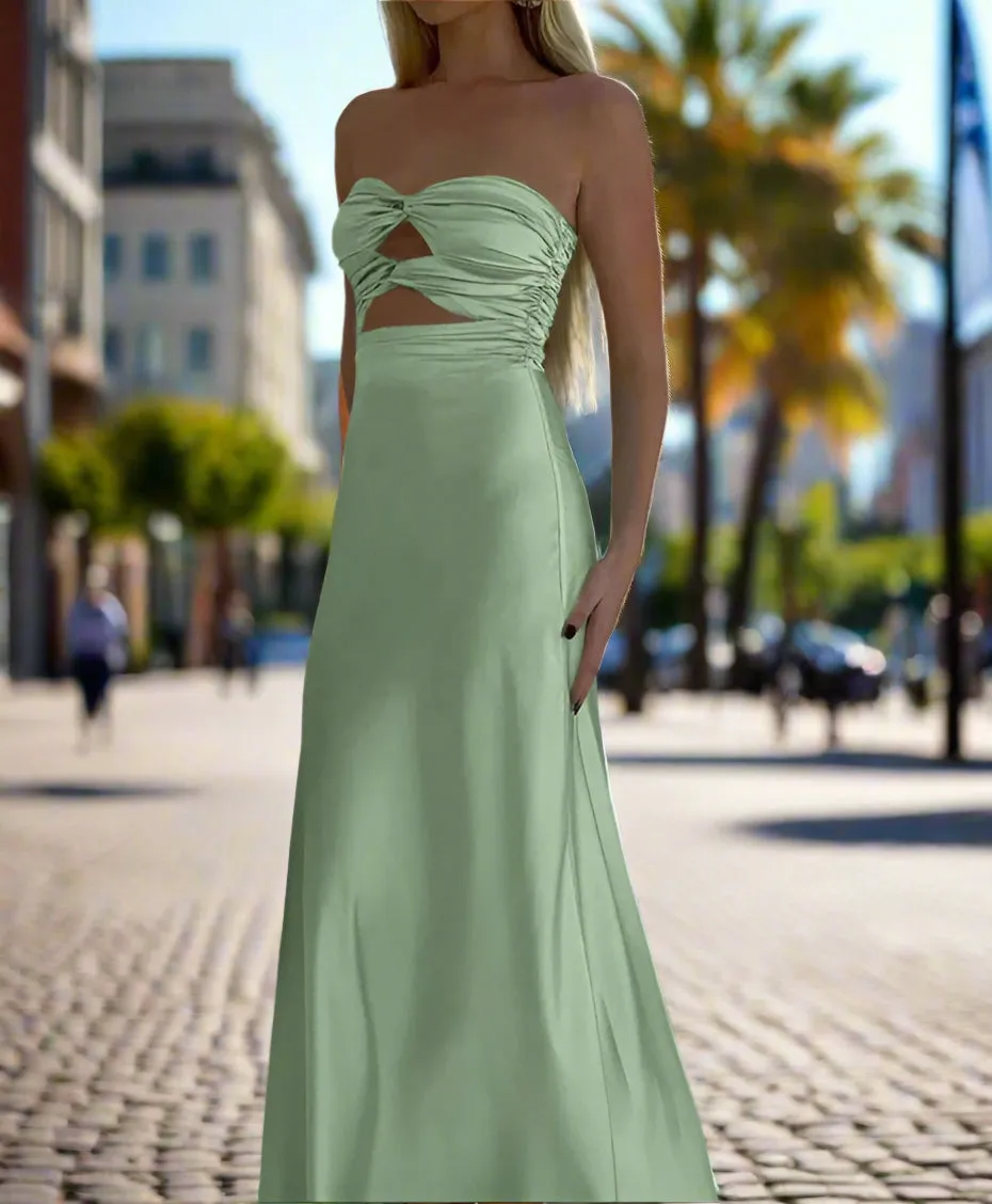 Strapless Elastic Satin Sleeveless Ruched Back Zip Long Prom Dress