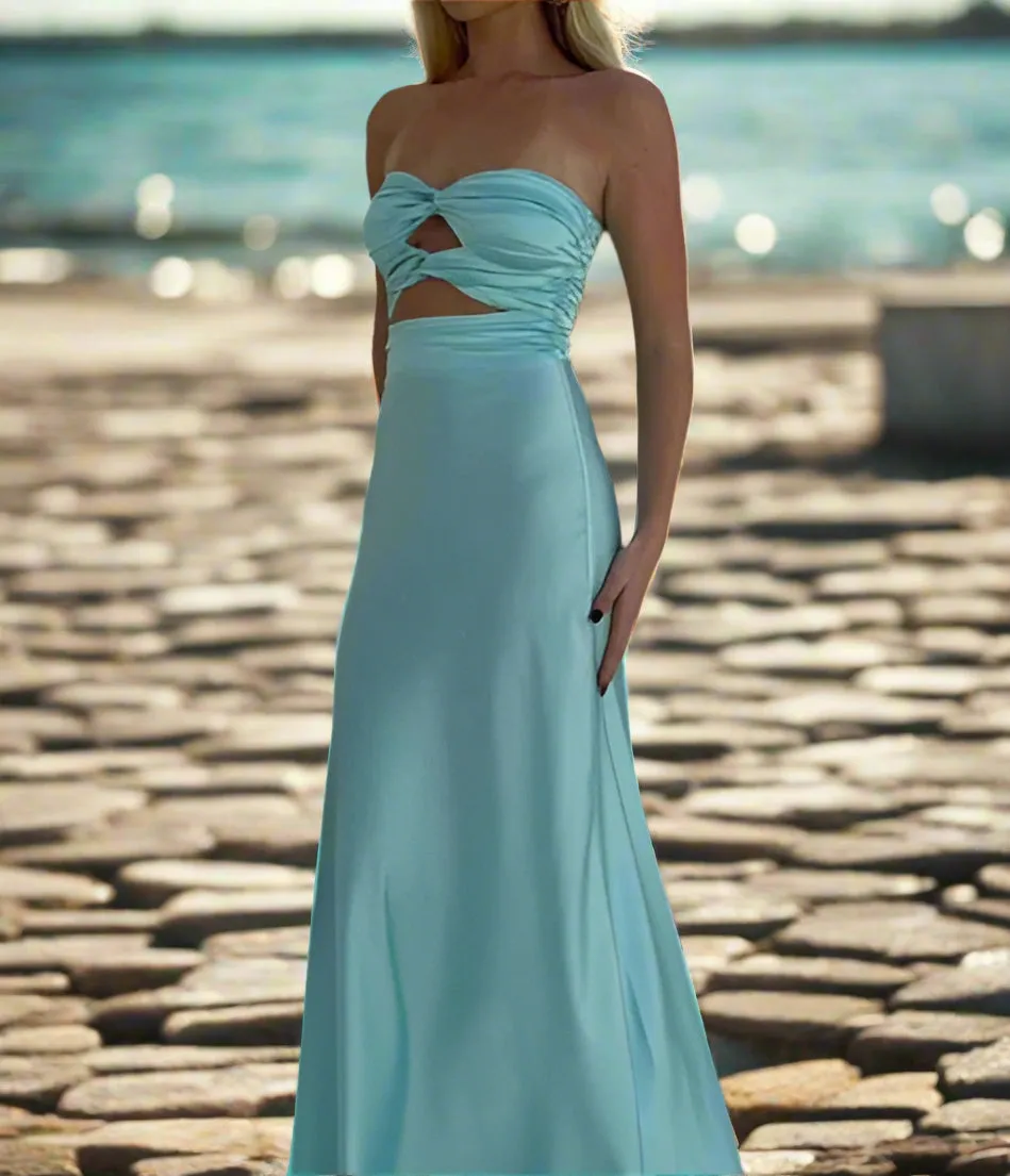 Strapless Elastic Satin Sleeveless Ruched Back Zip Long Prom Dress