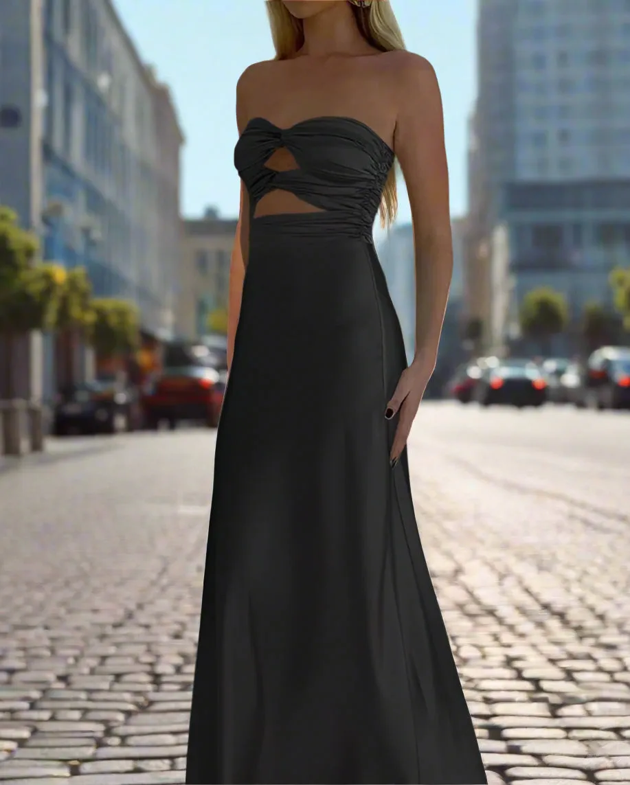 Strapless Elastic Satin Sleeveless Ruched Back Zip Long Prom Dress