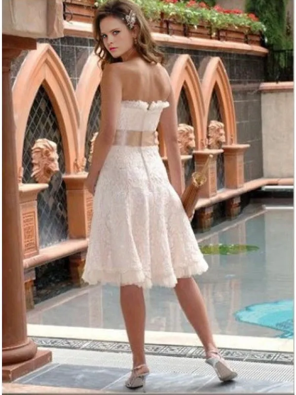 Strapless Knee Length Lace Wedding Dress with Sweetheart Neckline